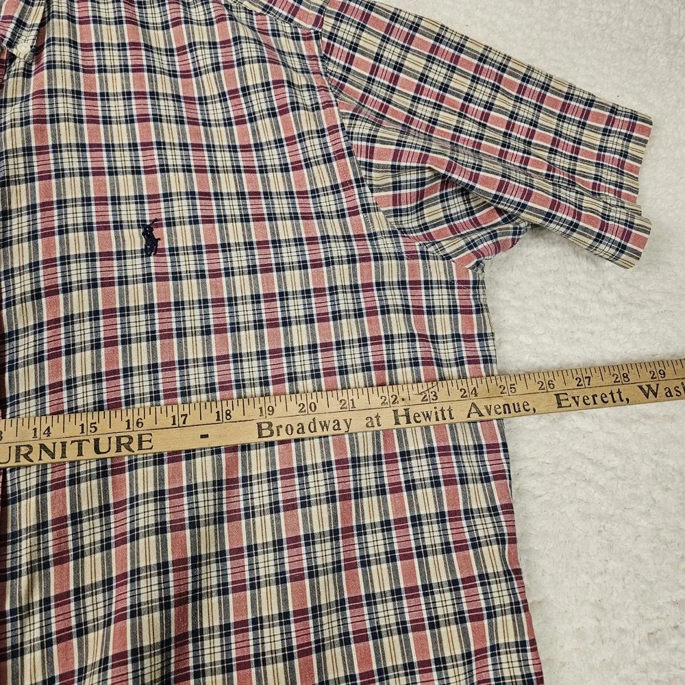 Ralph Lauren Shirt Mens Large Cream Red Black Plaid Blake Short Sleeve Work Wear